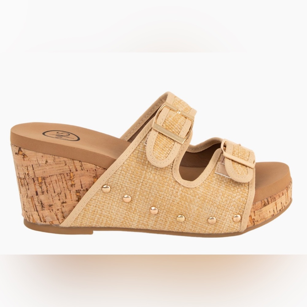 New! Colombia Comfort Raffia Natural Woven Buckle Cork Platform Wedge Sandal